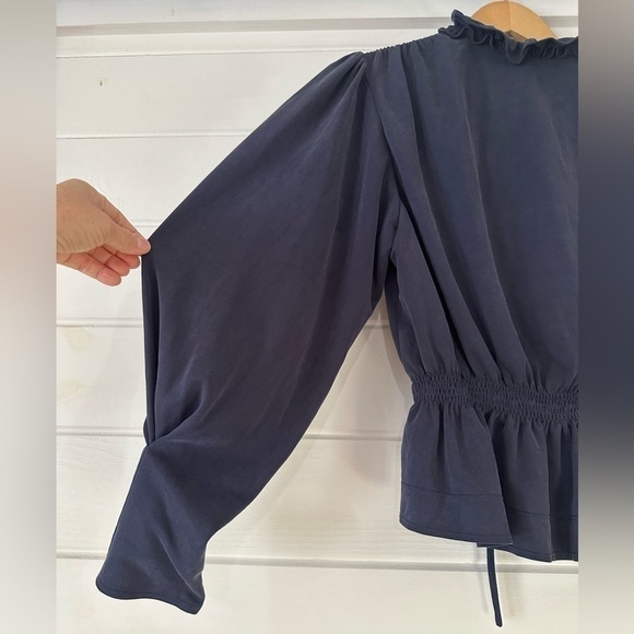 REBECCA TAYLOR Slit V-Neck Navy Long Sleeve Blouse Flattering Romantic Ruffles - Picture 10 of 13